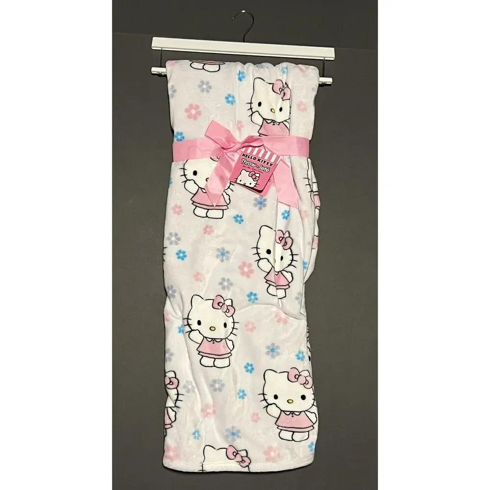 Hello Kitty Throw Blanket Spring Blue Pink Flowers Plush Fleece 50 X 70” Easter